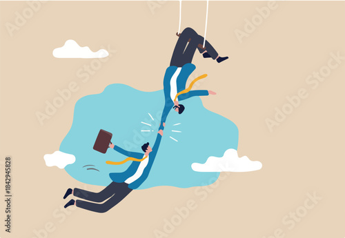 Trustworthy and honesty to believe in work together, integrity or trust for partnership, support and reliable to help success together concept, businessman acrobat hold hand tight by trusted partner