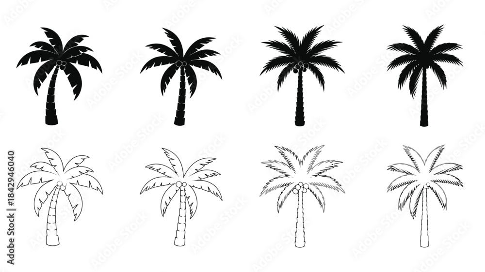 Obraz premium A collection of black and white palm tree illustrations in varying styles