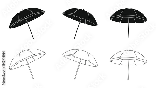 Simple black and white illustration depicting three beach umbrellas in various styles