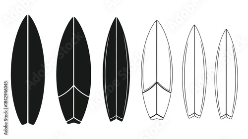 Variety of surfboard shapes illustrated in a simple black and white design