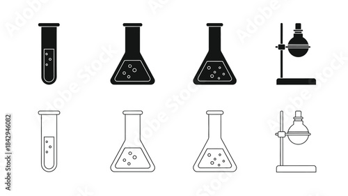 Laboratory glassware icons test tubes flasks and a retort stand outline