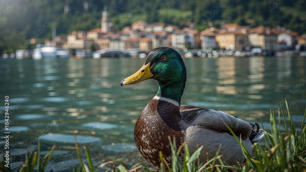 Fototapeta premium A duck resting near the water's edge with a town and boats in the background. The scene depicts nature, wildlife, and a lakeside or riverside setting.
