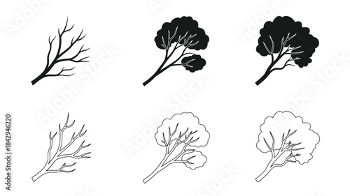 Stylized black and white illustrations of trees in various forms and densities