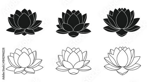Black and white lotus flower illustrations in different styles and perspectives