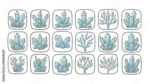 Geometric crystal icons array of drawn mineral illustrations