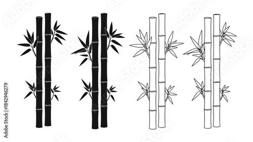 Black and white illustration of bamboo stalks with leaves a natural design