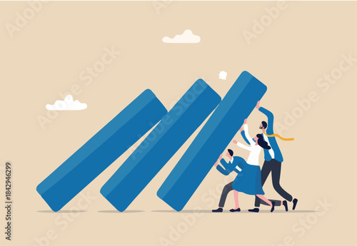 Teamwork to solve problem, team effort help stop crisis, responsibility to stop failure, support or trustworthy or courage to success concept, business people colleagues help stop domino falling.