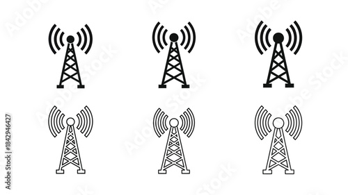 Simple black and white illustration showing various cellular and radio towers