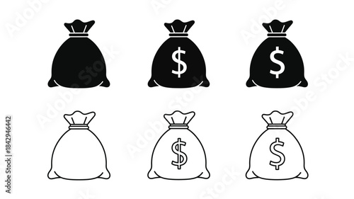 Black and white illustrations of money bags with dollar signs displayed