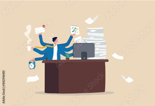 Workaholic, busy businessman multitasking or tired and exhausted from overworked, overload job, lot of paper works concept, workaholic businessman working hard on his office desk with paper works