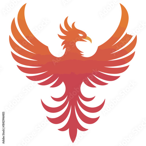 A vibrant phoenix bird graphic with outstretched wings in shades of orange and red, depicting strength and renewal on a pristine white background