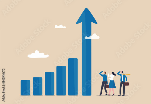 Grow business increase sales and profit, growth or progress to achieve goal and target, improve or development to boost performance concept, business people team looking at high rising up graph arrow