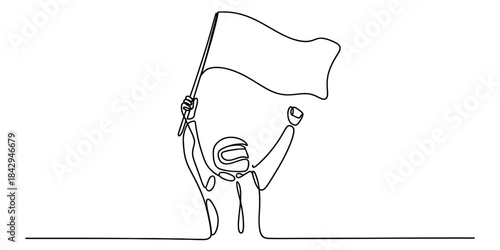 Continuous line art of a victorious racer celebrating with a flag Vector, illustration