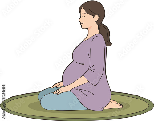 A calm flat-style illustration shows a pregnant woman sitting in a kneeling yoga pose with eyes closed, practicing prenatal meditation on a mat.