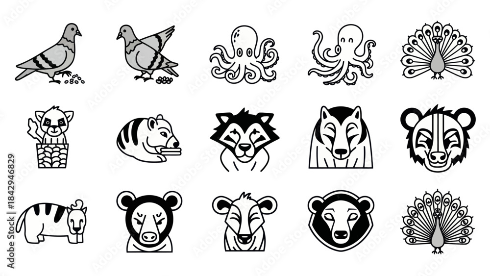 Obraz premium Collection of animal illustrations in clean black and white vector outlines