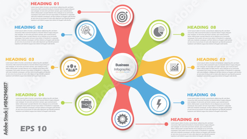 8 Steps Central Flower Infographic Vector Template, Circular Radial Process Flow Chart for Business Options, Strategy, and Data Visualization Layout.