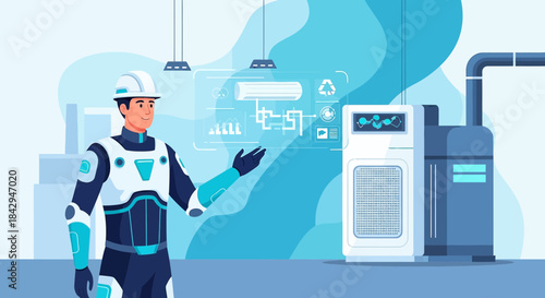 Futuristic factory technician analyzing air conditioning systems with digital interface display