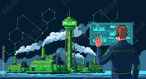 Futuristic green energy plant controlled with advanced virtual interface technology