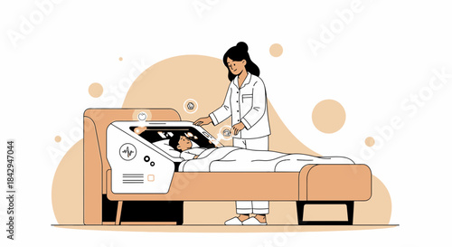 Futuristic healthcare design showcasing a mother tending to her child in an advanced medical bed