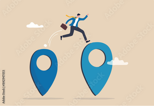 Business relocation, move office to new address or transfer to new location concept, businessman company owner jumping from map navigation pin to new one metaphor of relocation