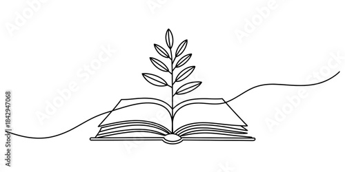 Continuous line art illustrating a plant growing from an open book Vector, illustration