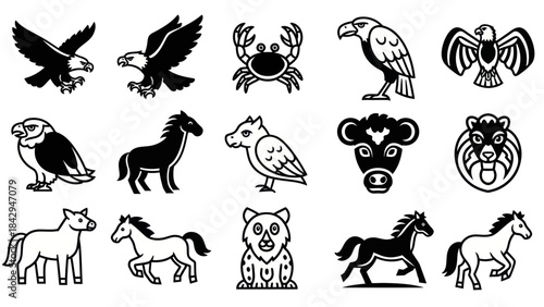 Collection of animal illustrations in monochrome showcasing diverse species