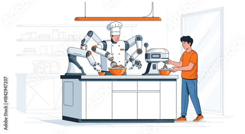 Futuristic kitchen scene featuring a robot chef and a person cooking together in harmony