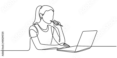 One continuous line drawing of a young woman working at a laptop in a thoughtful pose Vector, illustration