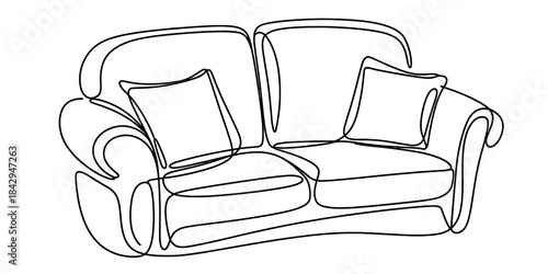Continuous line drawing of a comfortable two-seater sofa with pillows on white background Vector, illustration