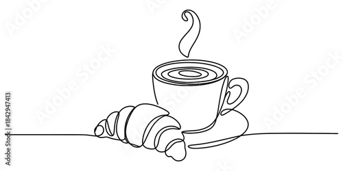 Continuous line drawing of a steaming coffee cup and croissant for a breakfast concept Vector, illustration