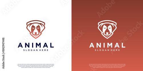 Pet logo with a shield concept and dog silhouette, caring, adoption, vector graphic illustration.
