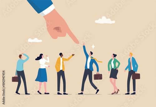 Choose candidate for job position, HR, human resources recruitment or hiring new employee, career opportunity or interview, talent or headhunter concept, businessman pointing at chosen candidate