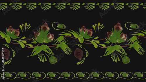 Vector seamless border pattern from hazelnut sprigs, leaves and nuts on a black background