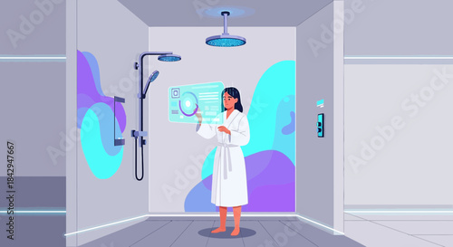 Futuristic shower experience illustration, woman controls functions on a transparent screen