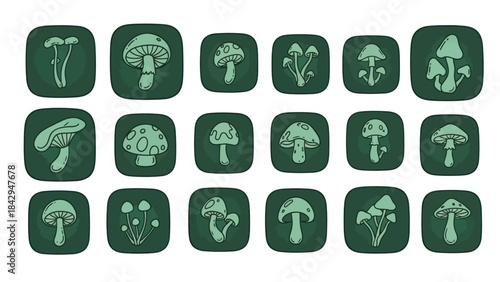 Cartoon mushroom set on dark green squares for design elements