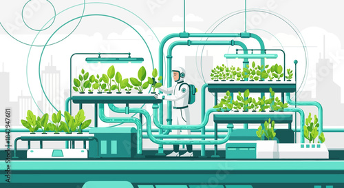 Futuristic rooftop hydroponic farm, showcasing an astronaut tending to leafy crops in an urban