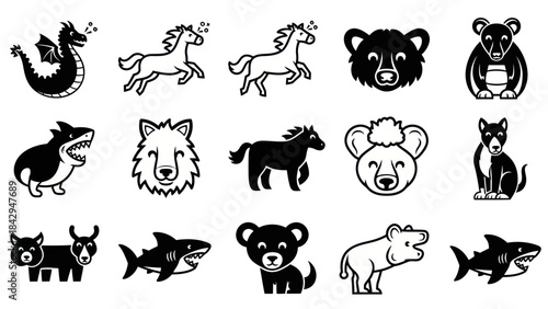 Collection of black and white animal icons for design and illustration