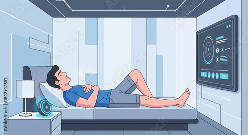 Futuristic sleep monitoring technology concept featuring a man relaxing in a modern bedroom