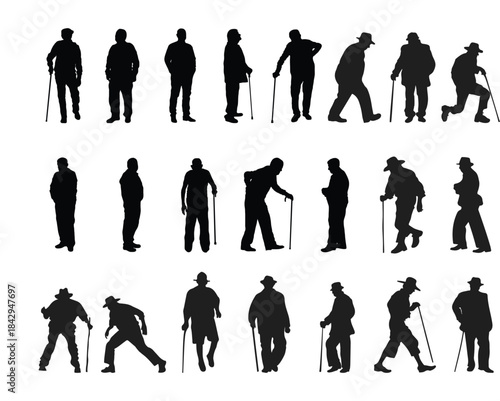 Silhouettes of Elderly Men with Canes in Various Poses