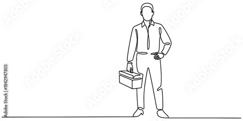 One continuous line drawing of a repairman standing with a toolbox, ready for work Vector, illustration