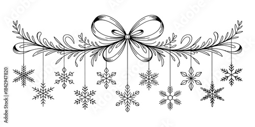 A winter decorative border with snowflakes hanging from a branch tied with a bow Vector, illustration