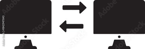 Two computer monitors with arrows exchanging data