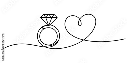 Continuous line art of a diamond ring and a heart representing love and marriage Vector, illustration