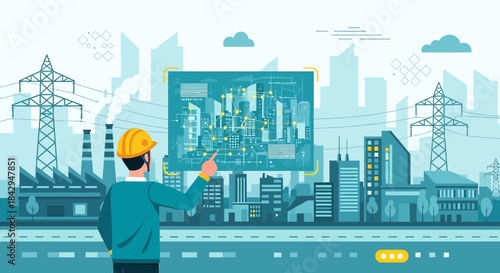 Futuristic urban planning vision: engineer analyzing smart city technology integration display