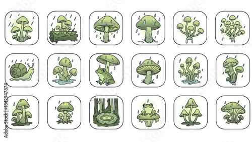 Cartoon mushrooms and wildlife illustrations set against a background of rain