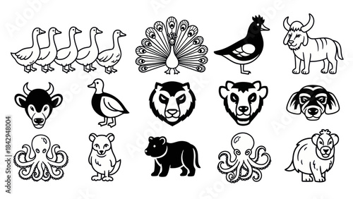 Collection of various animal illustrations in line art style for design assets
