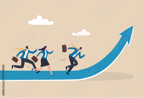 Growth strategy, career path development or growing business, employee training or improvement, job promotion concept, businessman people employees running on career path arrow in rising up direction