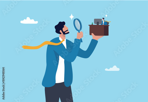 Employee monitoring in remote work, micro management watching every working steps, analyzing or evaluate employee, scanning performance or observation, businessman manager watch at employee working