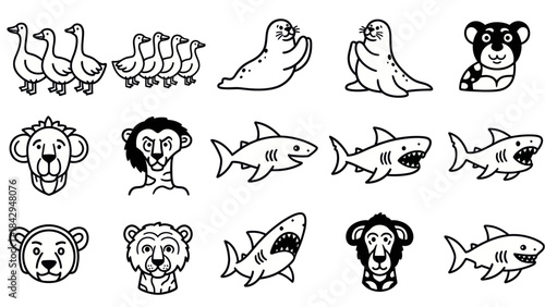 Collection of various animal illustrations in simple black and white outline style