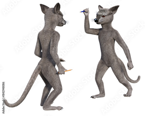 Two angry anthropomorphic mice ready to fight each other with pencils. 3d rendering on transparent background, no AI used